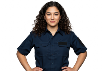 A serious young woman in a blue uniform shirt stands with her hands on her hips, isolated on transparent background