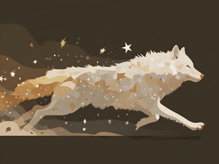 Celestial Wolf in Motion: This captivating illustration shows an ethereal wolf gracefully striding across the canvas, interwoven with stardust and a sense of boundless energy.