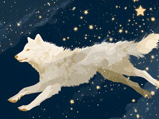 Celestial Wolf: A mystical wolf sprints across a starry sky, radiating an ethereal glow, surrounded by twinkling constellations. Capturing the freedom of spirit and boundless possibilities