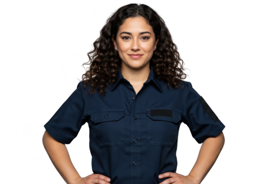 A serious young woman in a blue uniform shirt stands with her hands on her hips, isolated on transparent background