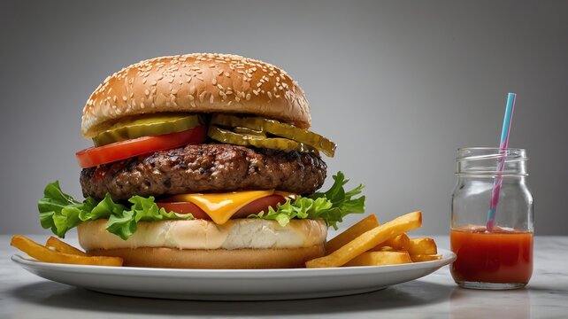 Delicious Burger with Fries and Drink Ready to Eat - Powered by Adobe