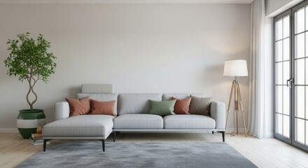 Modern living room with a cozy sofa, decorative pillows, and a potted plant by large windows