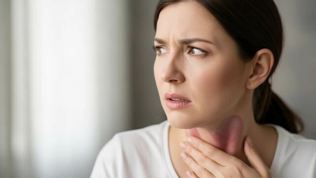 Woman Experiencing Severe Throat Pain Grimacing in Discomfort