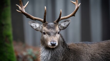 Fototapeta premium Majestic deer with large antlers standing in a forest setting