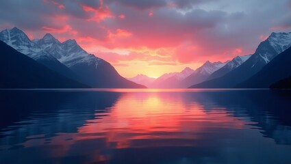 Stunning 8K Ultra High-Resolution Wallpaper – Breathtaking Mountain Landscape with Lake Reflections and Vibrant Sunset Sky, Hyper-Realistic Details and Vivid Colors, Perfect for Desktop or TV Backgrou