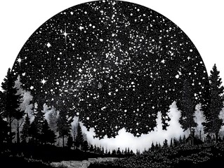 Celestial Forest Symphony: A captivating illustration showcases a starlit sky. The deep shades create a feeling of the wild, untouched beauty of night, and nature.