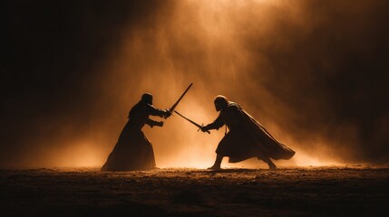 A pair of armored medieval knights clash swords in a brutal duel outside on a rainy day, captured in a dramatic and epic wallpaper background with a 16:9 aspect ratio