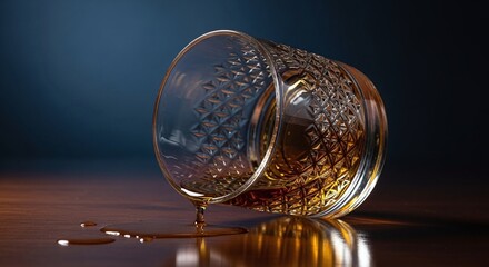 Reflections of Luxury A Detailed Still Life of Crystal Glass and Amber Liquid Spill on Polished Wood Surface