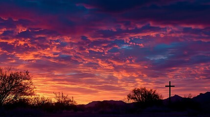 Bold Sunset Over Desert with Cross Silhouette Glow  
