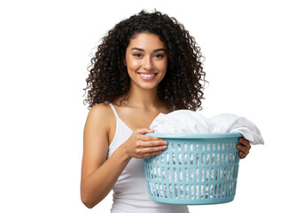 A smiling woman with curly hair holds a laundry basket full of clean clothes, isolated on transparent background