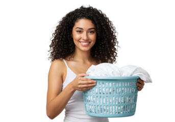 A smiling woman with curly hair holds a laundry basket full of clean clothes, isolated on transparent background