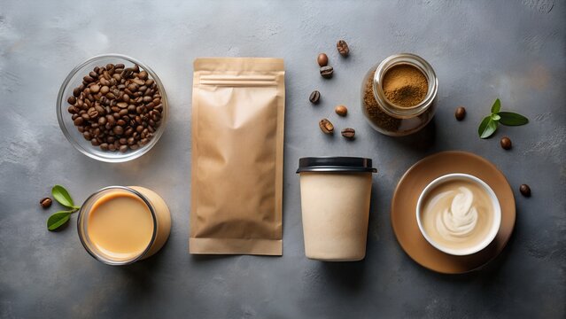Flat lay: Coffee beans, ground coffee, latte art, kraft paper cup, and pouch;  minimalist branding mockup.