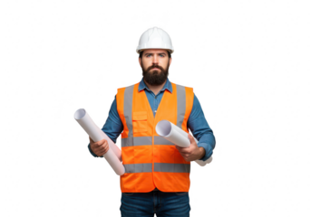 A construction worker with a beard holds blueprints and wears a safety vest, isolated on transparent background