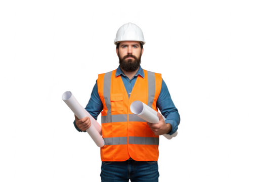 A construction worker with a beard holds blueprints and wears a safety vest, isolated on transparent background - Powered by Adobe