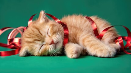 Adorable Ginger Kitten Sleeping Peacefully Amidst Red Ribbon Festive Decor