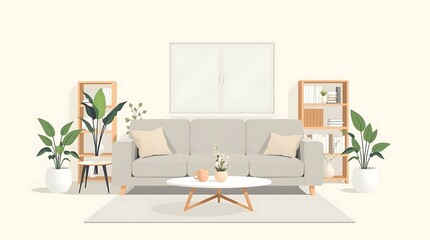 A modern minimalist living room interior with sofa, coffee table, indoor plants, bookshelf, and large window, flat vector style, neutral tones, clean design