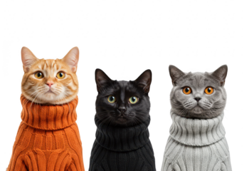 Three adorable cats wearing turtleneck sweaters pose for a portrait, isolated on transparent background