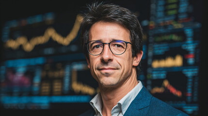 Close-up of smiling man in glasses against blurred golden lights with charts and data analysis. Bitcoin and blockchain. Money growth. Business and technology concept.