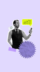 Fintech paper collage of happy businessman checking growth chart on smartphone. Concept of fintech...