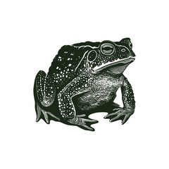 High-resolution black and white vector illustration of a frog with intricate details, showcasing texture and form. Ideal for educational materials, design projects, and art collections.