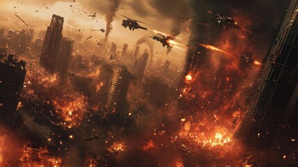 Aerial view of a city destroyed in a battle