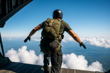 Skydiver preparing to jump from an aircraft into the sky