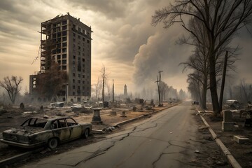 Abandoned city street after disaster, with a destroyed building, burnt car, and smoky sky.