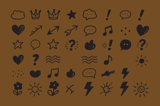 Collection of hand drawn doodle icons including hearts stars clouds music notes lightning bolts and speech bubbles