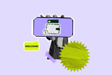 Fintech collage with businessman holding welcome screen on phone. Concept of onboarding, digital...