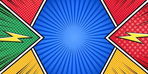 Energetic Comic Book Pop Art Background with Radial Lines and Halftone Patterns