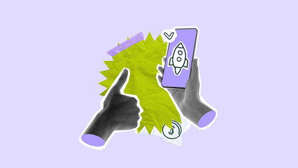 Composition of thumbs up and rocket on mobile screen in fintech theme. Concept of app launch, positive feedback, startup boost, fintech onboarding, UI screens