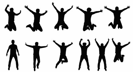 Jumping with Arms Wide Silhouette Set – Energetic and Expressive Poses in Vector Style on White Background

