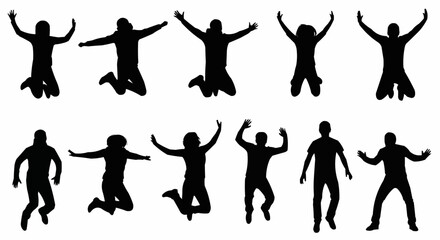 Jumping with Arms Wide Silhouette Set – Energetic and Expressive Poses in Vector Style on White Background

