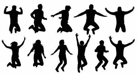 Jumping with Arms Wide Silhouette Set – Energetic and Expressive Poses in Vector Style on White Background

