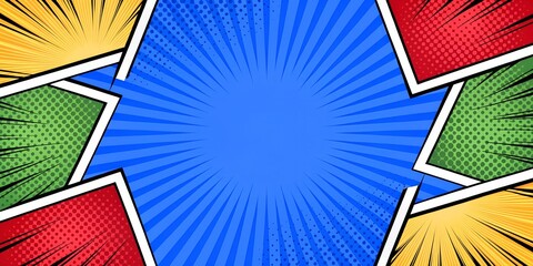 Vibrant Comic Book Style Burst Background with Halftone Dots and Rays