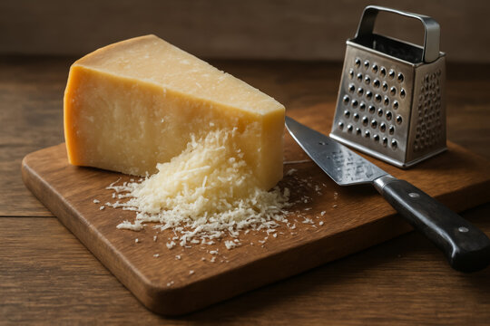 Grated cheese and knife on wooden cutting board in kitchen