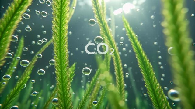 Co2 reduction concept ,Underwater Plants with Bubbles and CO2 Create Serene Atmosphere, Highlighting Importance of Aquatic Nature