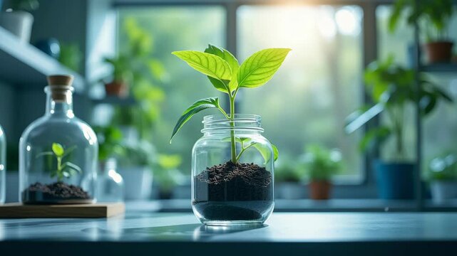 Co2 reduction concept ,Vibrant Green Plant Growth in Glass Jar with Soil, Embracing Nature and Sunlight in Bright Indoor Setting