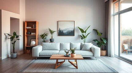Fototapeta premium A modern minimalist living room interior with sofa, coffee table, indoor plants, bookshelf, and large window, flat vector style, neutral tones, clean design