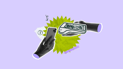 Collage in cutout style showing contactless payment with smartphone and terminal. Concept of fintech, point of sale, mobile transaction, smart commerce, money transfer