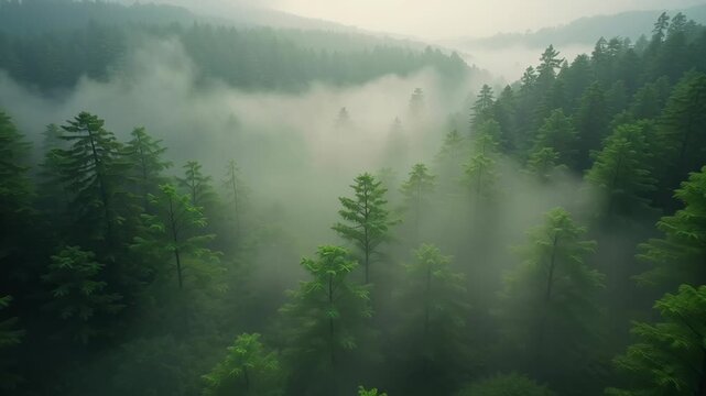 Co2 reduction concept ,Lush green forest landscape with mist, tall trees, serene nature, tranquility, and dense greenery evoking