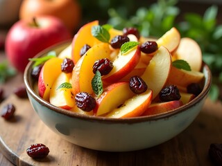 Refreshing Raisin and Apple Salad with Citrus Dressing: A vibrant bowl of fresh apple slices mixed with plump raisins, tossed in a tangy citrus dressing, served on a wooden table.