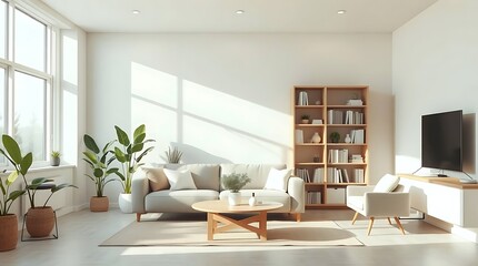 Fototapeta premium A modern minimalist living room interior with sofa, coffee table, indoor plants, bookshelf, and large window, flat vector style, neutral tones, clean design