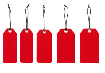Five red tags with black string isolated on transparent background are ready for pricing and labeling