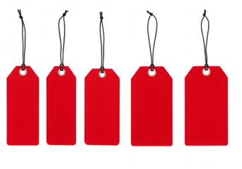 Five red tags with black string isolated on transparent background are ready for pricing and labeling