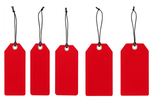 Five red tags with black string isolated on transparent background are ready for pricing and labeling