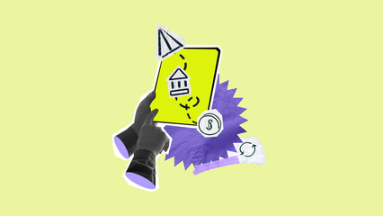 Composition in cutout collage style showing tablet with bank icon and dollar signs. Concept of...