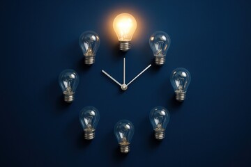 Conceptual Clock face Uses Light Bulbs to Illustrate innovative ideas and time management on a clean, dark-blue background.