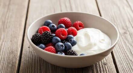 A bowl filled with fresh berries including blueberries, raspberries, and blackberries, alongside a dollop of creamy white yogurt, sitting on a rustic wooden surface.