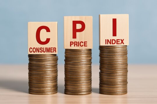Rising Consumer Price Index is displayed with stacked coins and lettered blocks, indicating inflation's impact on financial markets and economic trends.